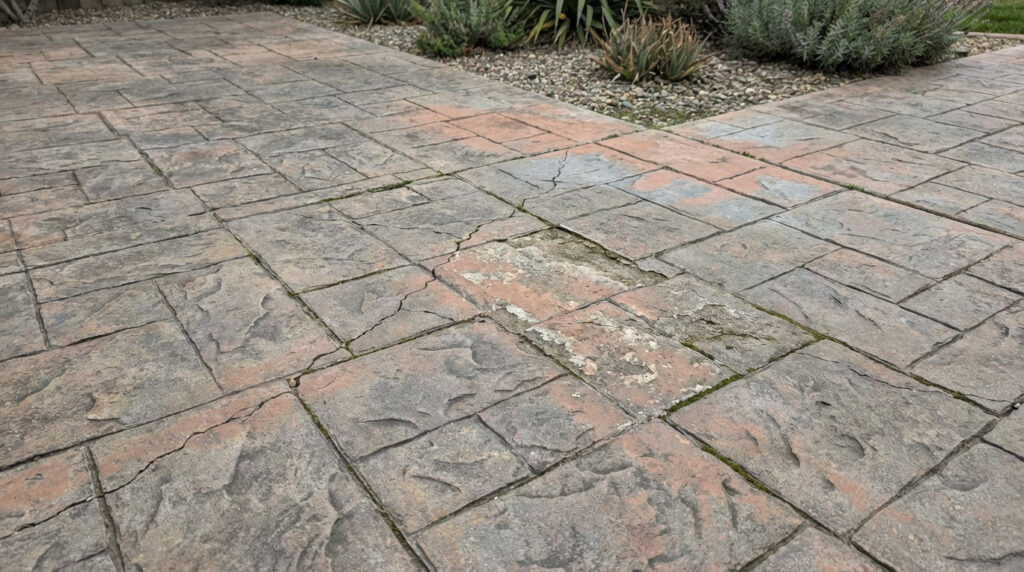 Overcast view of stamped concrete paving showing realistic hairline cracks, faded color, and an uneven, damaged section.