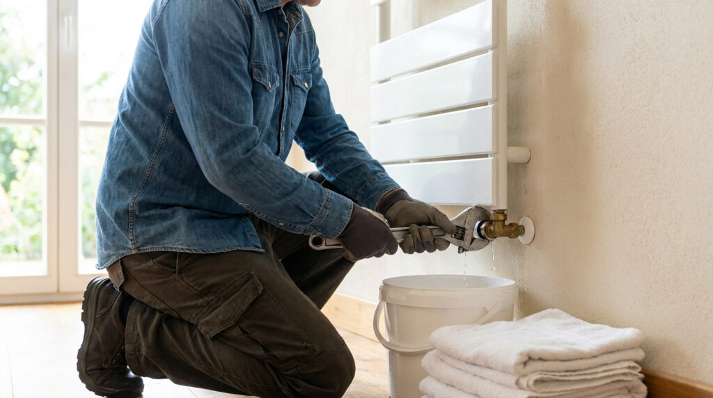 Kneeling person in work clothes uses wrench to disconnect a white radiator. Water drips into bucket beside stacked towels.