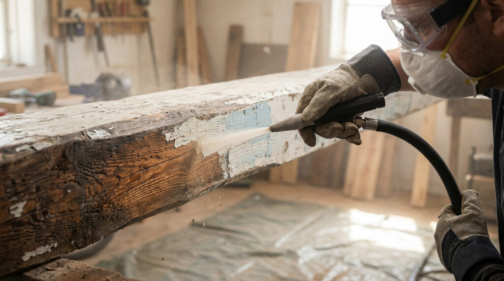 Gros plan sur un artisan décapant la peinture écaillée d'une poutre en bois ancienne avec un aérogommeuse, révélant le grain naturel.