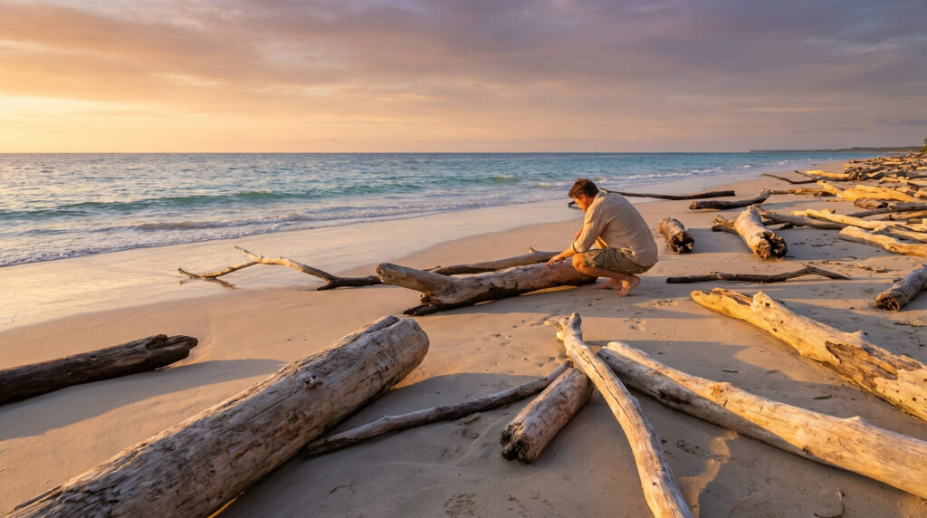 Man examining weathered driftwood on a pristine, golden beach at late afternoon, bathed in warm sunlight with ocean waves.