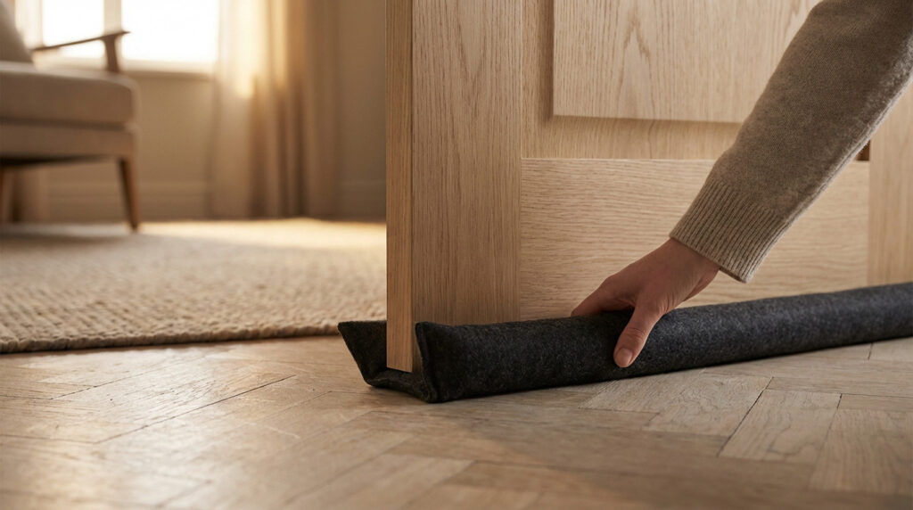A hand adjusts a dark grey fabric draft excluder at the bottom of a light wood door on a parquet floor in a tranquil room.