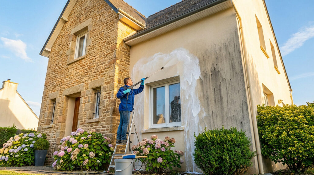 A person in blue work clothes pressure washes a house facade, showing a clear difference between cleaned and dirty sections. Bright day, hydrangeas below.