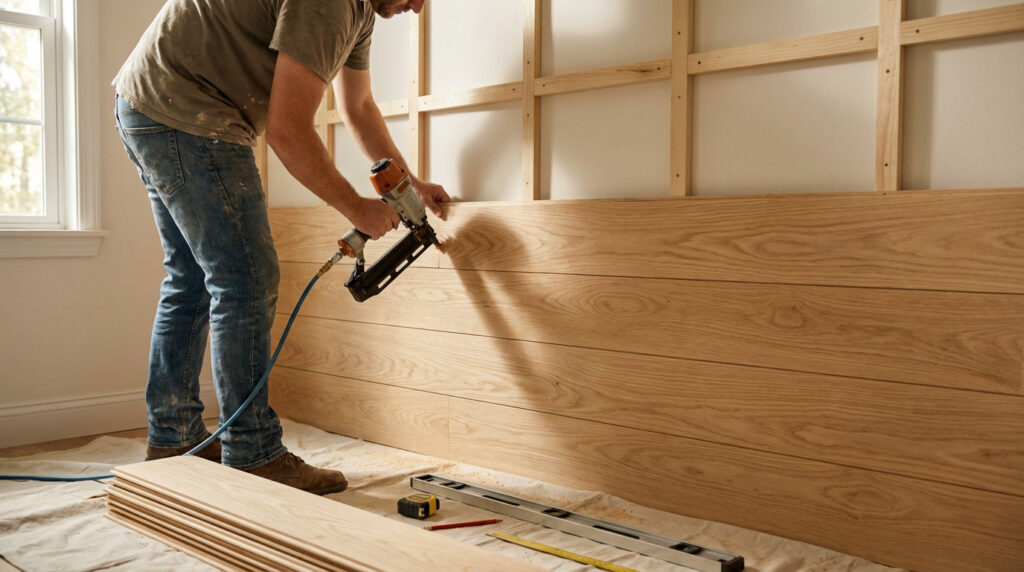 Figure installs warm wood lambris panels on a wall with a nail gun. Visible battens, tools, and planks on a drop cloth.