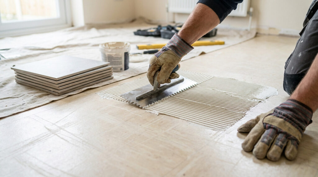 Close-up of gloved hands meticulously spreading tile adhesive with a notched trowel on a light linoleum floor. Stack of light ceramic tiles nearby for installation.
