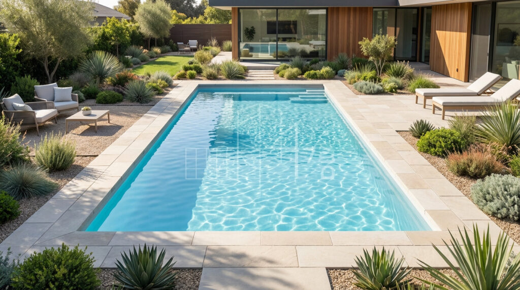 Photorealistic image of a modern residential swimming pool with clear blue water, set in a contemporary garden. A house is in the background, bathed in sunlight. Subtle grid on water hints at financial assessment.