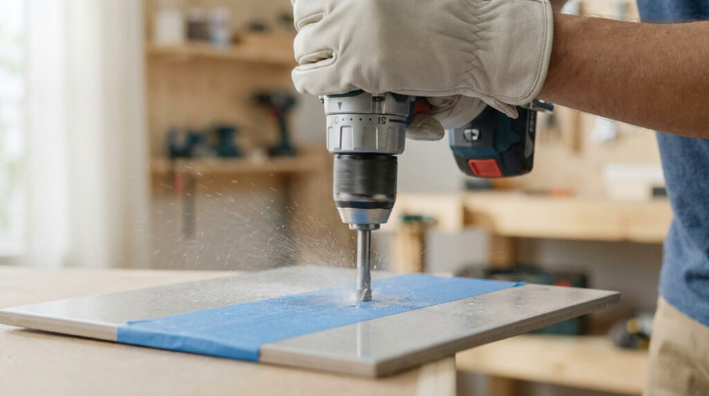 Close-up of gloved hands using a cordless drill with a diamond bit to precisely drill a ceramic tile with blue tape and water for cooling.