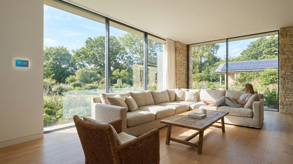 Bright modern living room with large windows, lush garden, and solar panels. Woman on sofa, smart thermostat visible.
