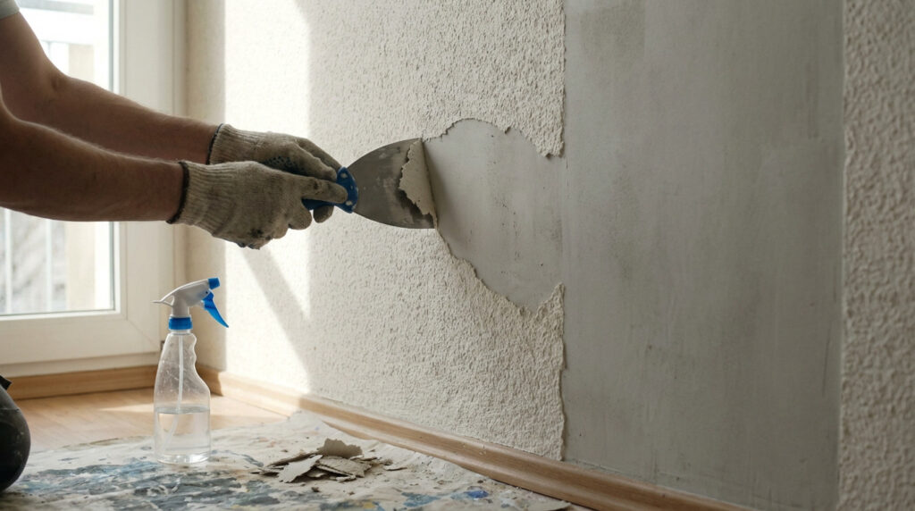 Gloved hands scrape textured crépi from an interior wall, revealing a smooth grey surface. A spray bottle is on a protective sheet.