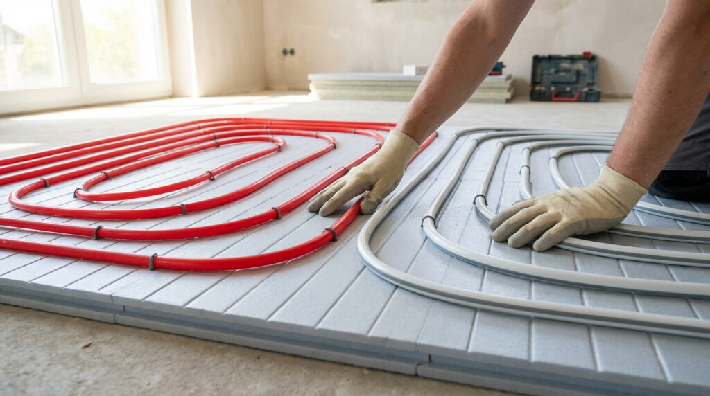 Hands in gloves compare red PER and white multilayer underfloor heating pipes on insulation panels in a bright construction room.
