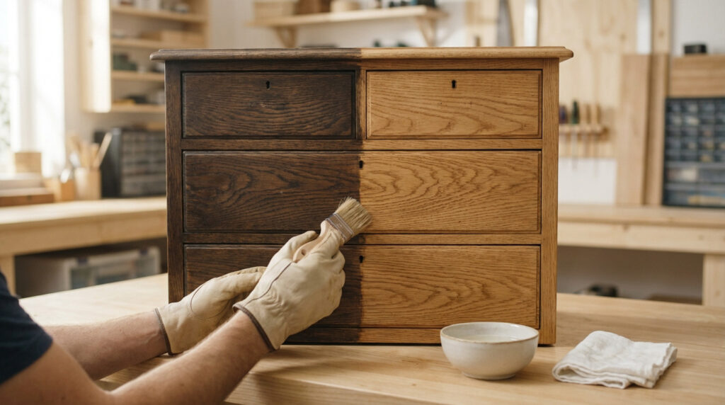 Gloved hands brush a vintage oak chest, demonstrating a before-and-after effect: dark brown original vs. honey-blonde refinished wood.