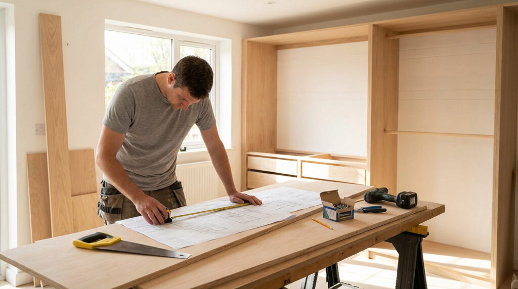 Anonymous individual measuring a custom wardrobe blueprint on a workbench with tools, partially built wooden frames in a bright home.