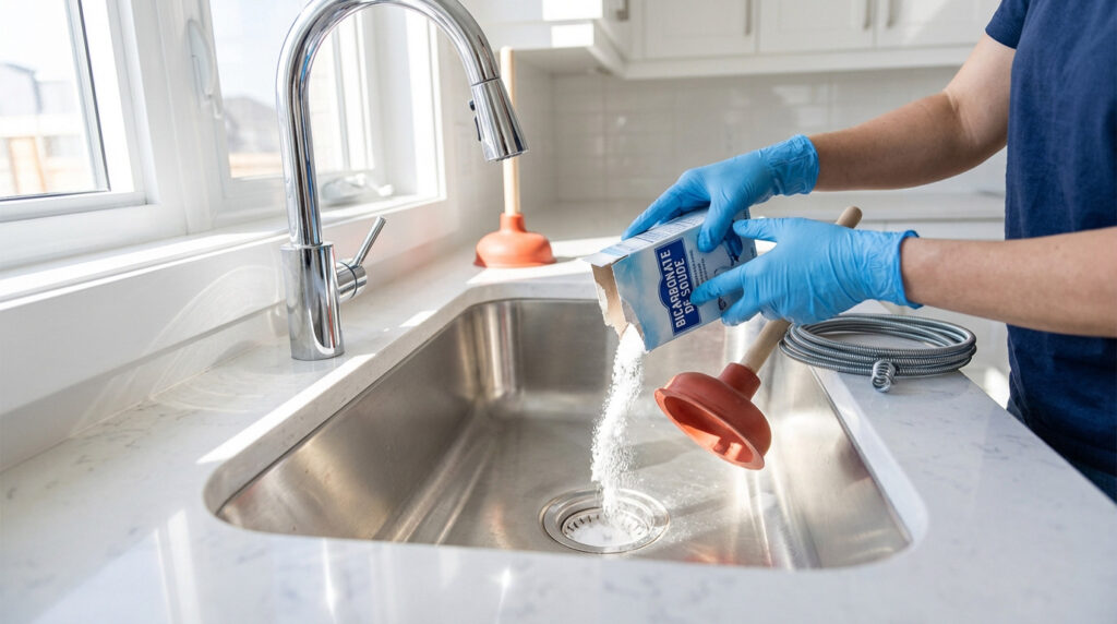 Mains gantées versant du bicarbonate de soude dans un évier de cuisine moderne en inox, avec un furet et une ventouse à côté.