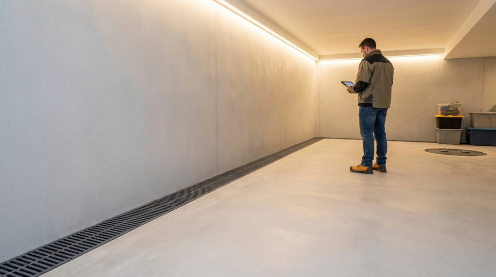 Clean, well-lit basement with new perimeter drain system along concrete wall. A worker in practical attire observes with a tablet.
