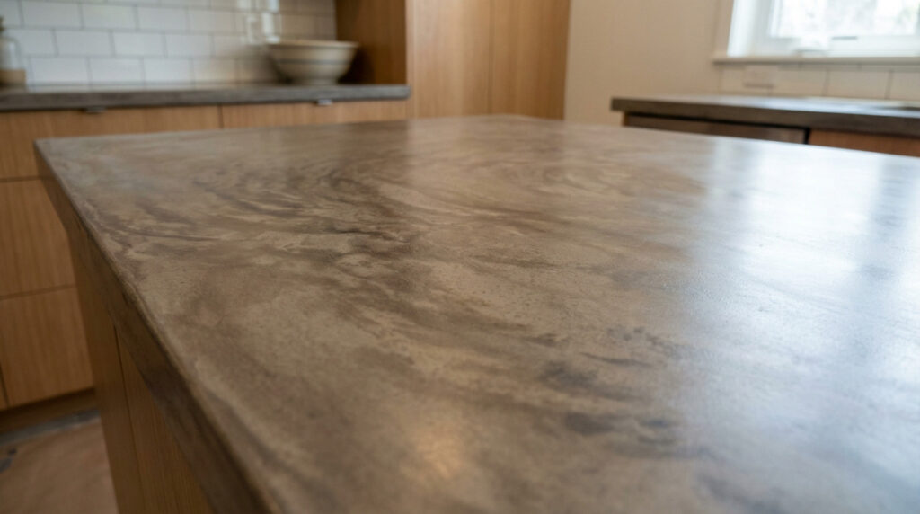 Close-up of a repainted waxed concrete kitchen countertop with subtle mineral effect, satin finish, reflecting natural light in a modern kitchen.