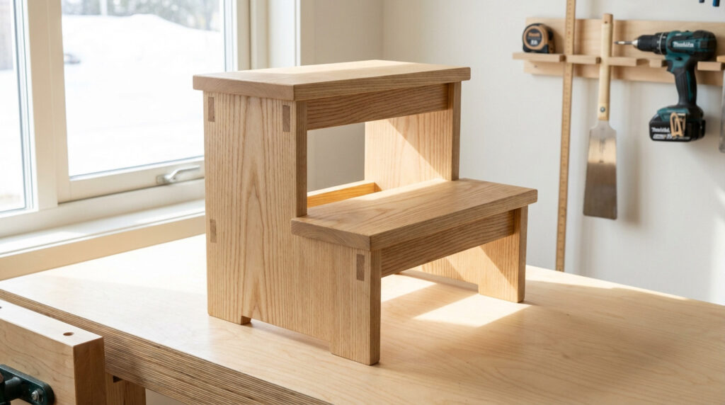 Newly constructed light wood step stool with clear grain and precise joinery on a clean workbench in a bright workshop. Blurred tools visible.