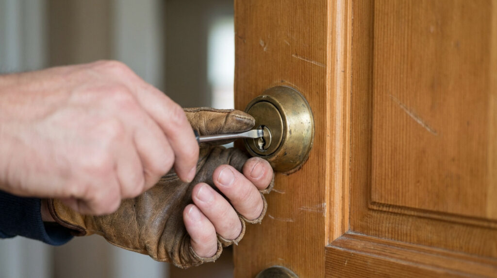 Close-up of a gloved hand using a screwdriver to repair a brass door lock on a natural wooden door, problem-solving.