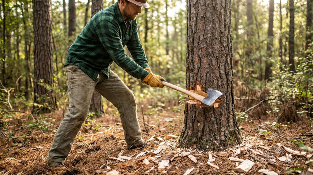 Man in flannel shirt and gloves skillfully chops a tree with an axe in a sunlit forest. Wood chips surround the trunk, highlighting manual effort.