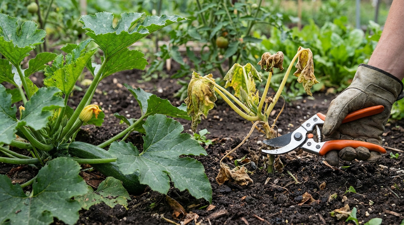 A gloved hand uses pruning shears to cut a wilting, yellowing zucchini plant, contrasting with a healthy one in a rich garden.