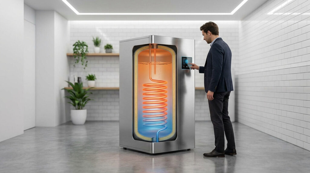 A man adjusts a modern electric water heater with a cutaway view showing a glowing heating element and water stratification. Located in a minimalist utility space.