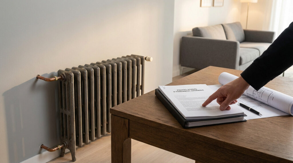 A hand points at administrative documents and blueprints on a table, next to a partially disconnected radiator in a modern apartment.