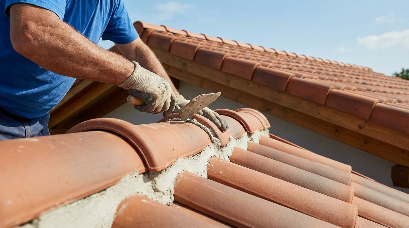 Un artisan ganté applique du mortier sur le faitage d'un toit en tuiles, assurant l'étanchéité sous un ciel clair.