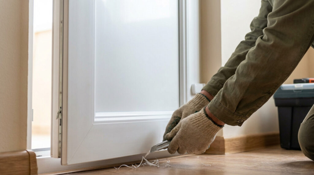Gloved hands precisely trim a white PVC door's bottom edge with a utility knife, showing careful home improvement work.