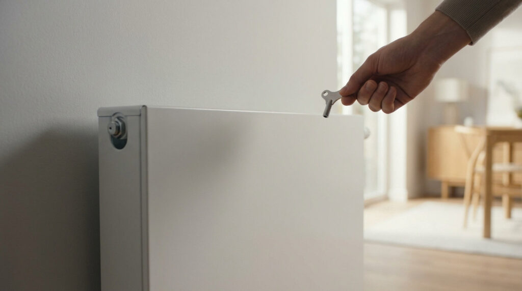 Anonymous hand holds a radiator key near a modern white radiator in a bright, contemporary home, suggesting maintenance or adjustment.