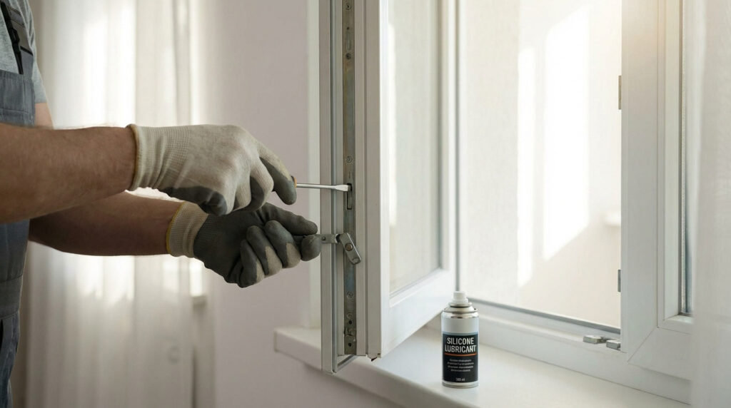 Mains gantées ajustant le mécanisme d'une fenêtre PVC blanche avec un tournevis, un lubrifiant silicone à portée de main.