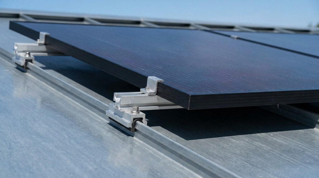Close-up of a dark solar panel securely mounted with specialized clamps on a metallic grey zinc standing seam roof under a clear blue sky.