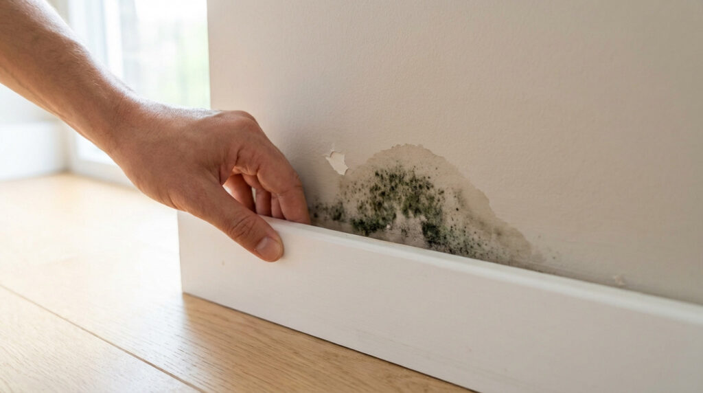 A hand pulls back a white wooden skirting board, revealing a large patch of dark green and black mold and dampness on a beige wall.