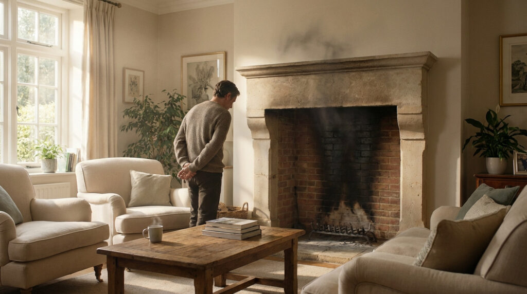 Man inspects unlit brick fireplace in sunlit, cozy living room with faint smoke. Cream furniture, wooden table, and window.