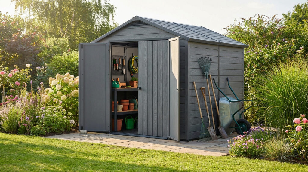 Abri de jardin gris en résine avec porte ouverte, révélant des outils de jardinage rangés. Des râteaux, pelles et brouette sont à l'extérieur. Jardin verdoyant ensoleillé.