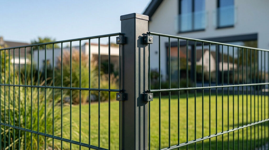 Un poteau d'angle gris anthracite fixant deux panneaux de grillage rigide vert foncé dans un jardin ensoleillé, avec une maison moderne en arrière-plan.