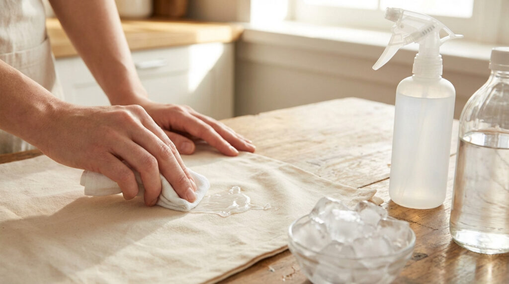 Des mains frottent une tache de silicone transparente sur un tissu beige avec un chiffon blanc. Une bouteille spray, un flacon et de la glace sont à côté.