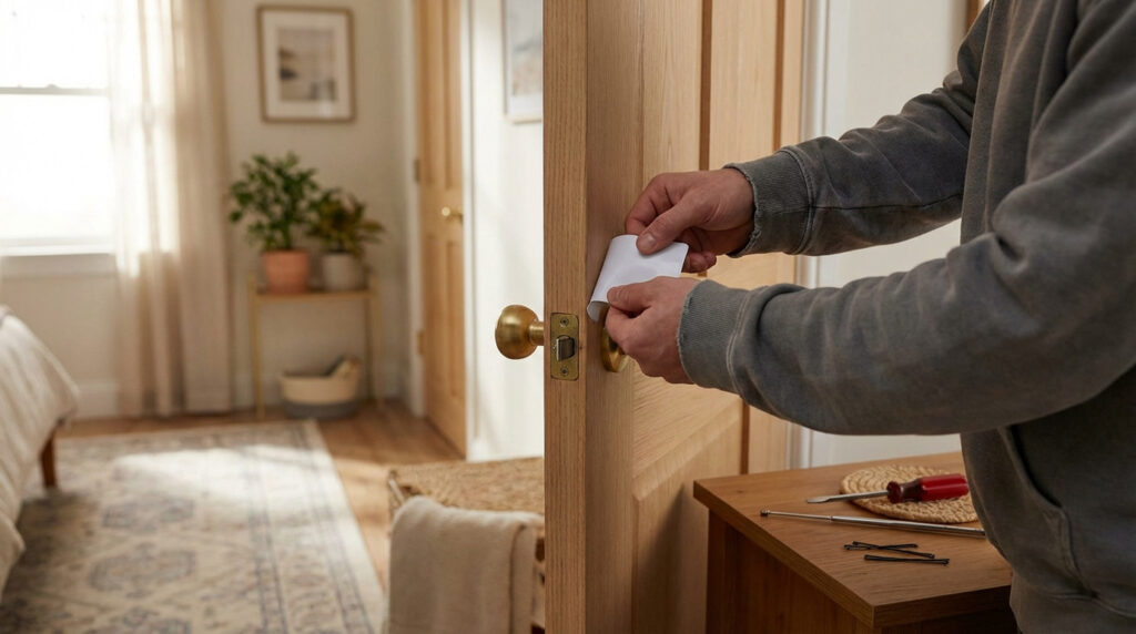 Mains insérant une carte blanche dans le mécanisme d'une porte en bois avec poignée dorée pour déverrouiller. Outils à côté.