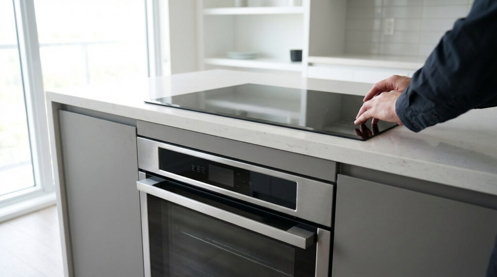 Gros plan sur les mains d'une personne ajustant une plaque de cuisson à induction noire encastrée au-dessus d'un four moderne dans une cuisine lumineuse.