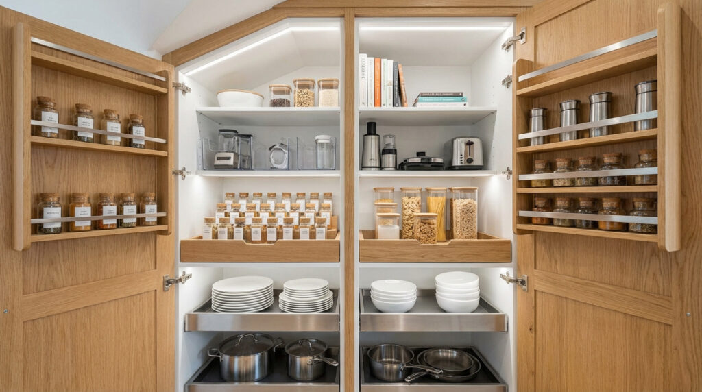 Placard de cuisine en chêne ouvert, révélant un rangement impeccable d'épices, aliments secs, vaisselle et petits électroménagers.