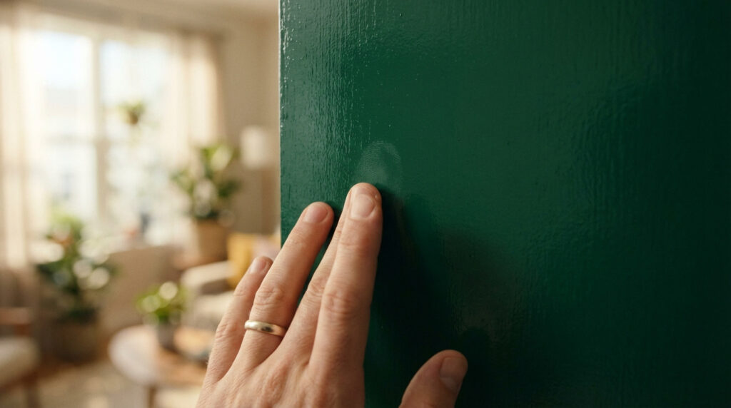 Main laissant une empreinte digitale sur une peinture verte glycero fraîche et brillante. Arrière-plan flou d'un salon lumineux.