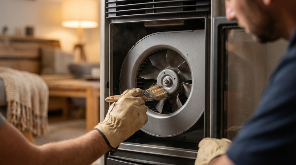 Gantée, une main brosse le ventilateur métallique d'un poêle encrassé, en vue de réduire le bruit. Arrière-plan de salon.