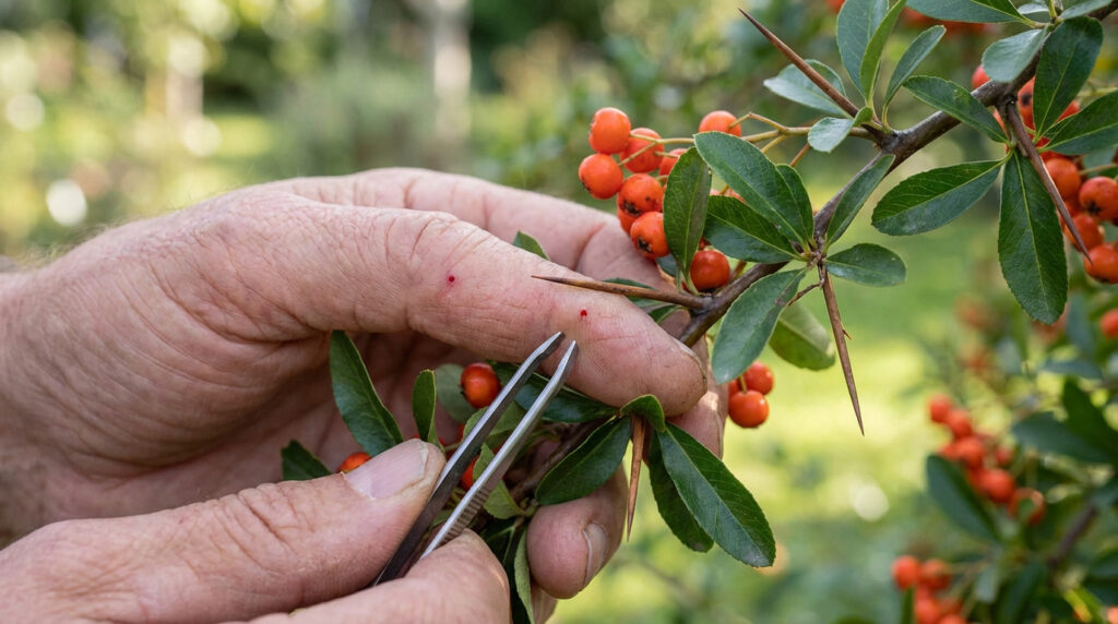 Gros plan sur une main piquée par les épines d'un pyracantha, avec des points rouges et une pince pour les premiers soins.