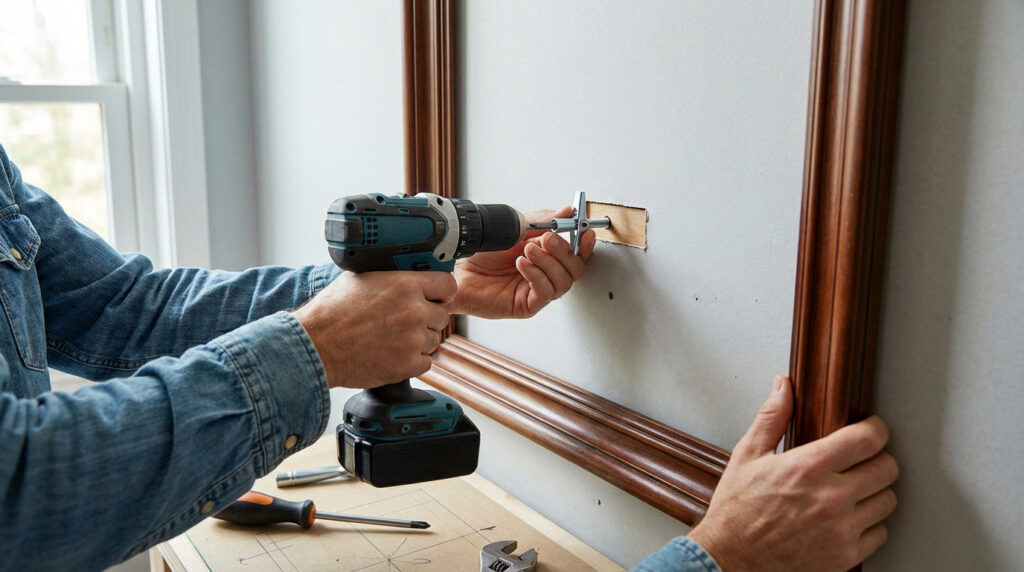Un homme utilise une perceuse pour installer une cheville à expansion dans un mur en placo, près d'un grand cadre en bois, pour une fixation sécurisée.