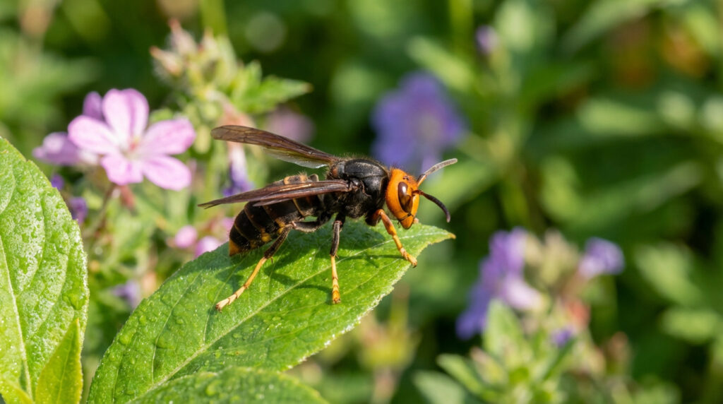 Frelon asiatique noir et orange sur une feuille verte, avec des gouttelettes d'eau. Arrière-plan flou de végétation et fleurs roses.