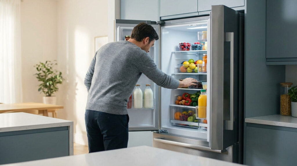 Un homme en pull gris ouvre un grand réfrigérateur moderne et regarde les aliments frais et colorés à l'intérieur.