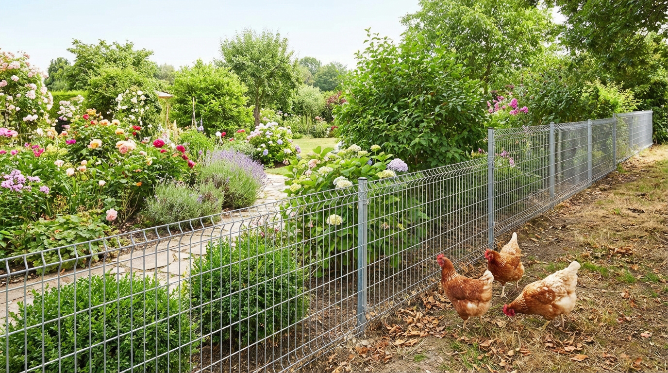 Jardin luxuriant à gauche, séparé par une clôture métallique. Trois poules rousses picorent sur le sol sec à droite.