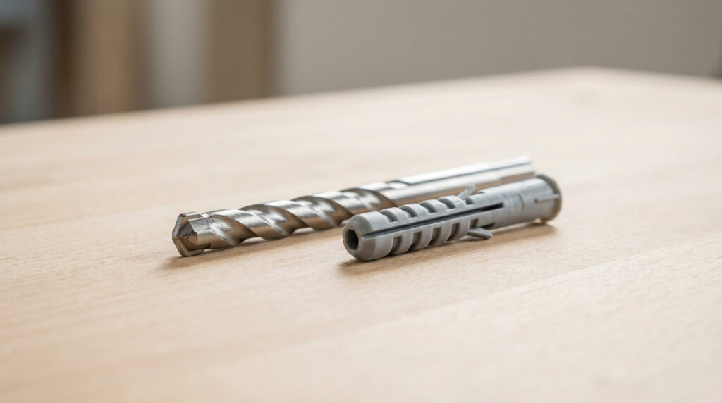 Foret en métal et cheville grise de 8 mm posés sur une surface en bois clair, prêts pour le perçage et la fixation.