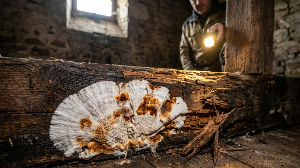 Gros plan sur une mérule blanche et brune sur une poutre en bois sombre. Un inspecteur éclaire la zone avec une lampe torche en arrière-plan.