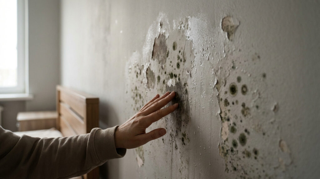 Une main touche un mur de chambre dégradé par l'humidité, avec peinture écaillée et de grandes taches de moisissure.