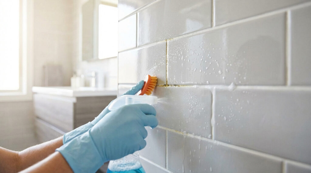 Gros plan sur des mains gantées nettoyant des joints de carrelage moisis avec une brosse et un spray dans une salle de bain lumineuse.