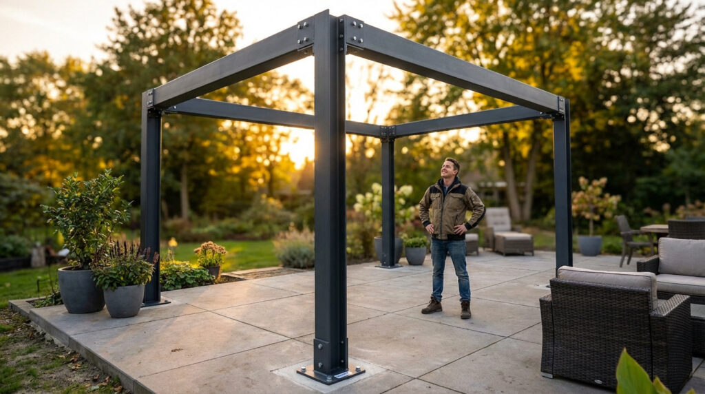 Pergola en acier foncé nouvellement installée sur une terrasse, avec un homme souriant et un jardin en arrière-plan au coucher du soleil.