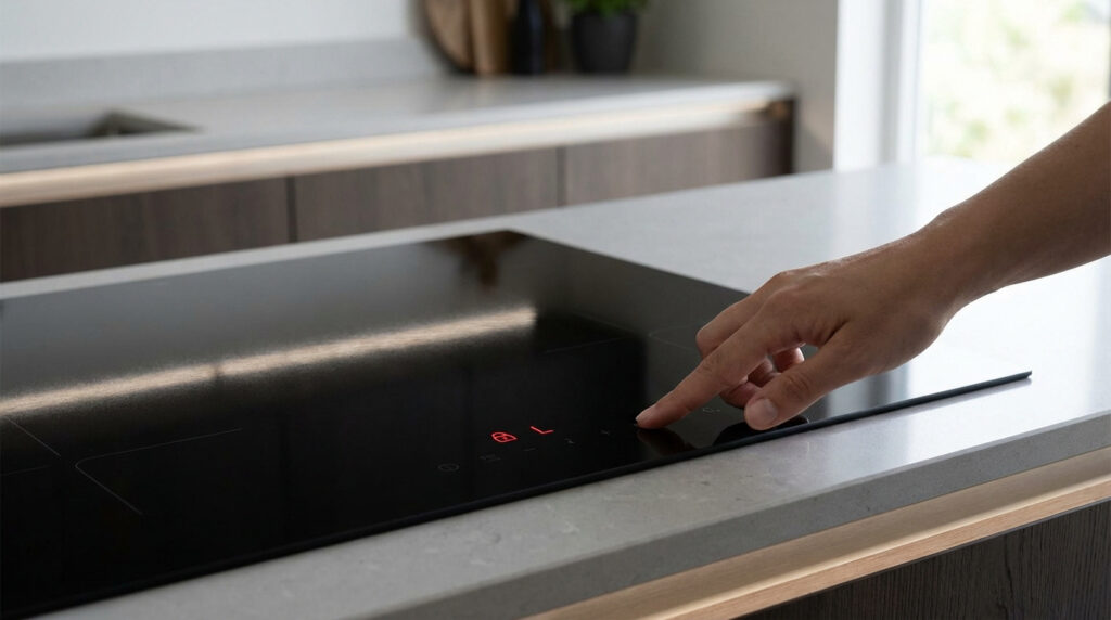 Main déverrouillant une plaque vitrocéramique noire intégrée dans un comptoir de cuisine moderne. Des icônes lumineuses rouges sont visibles.